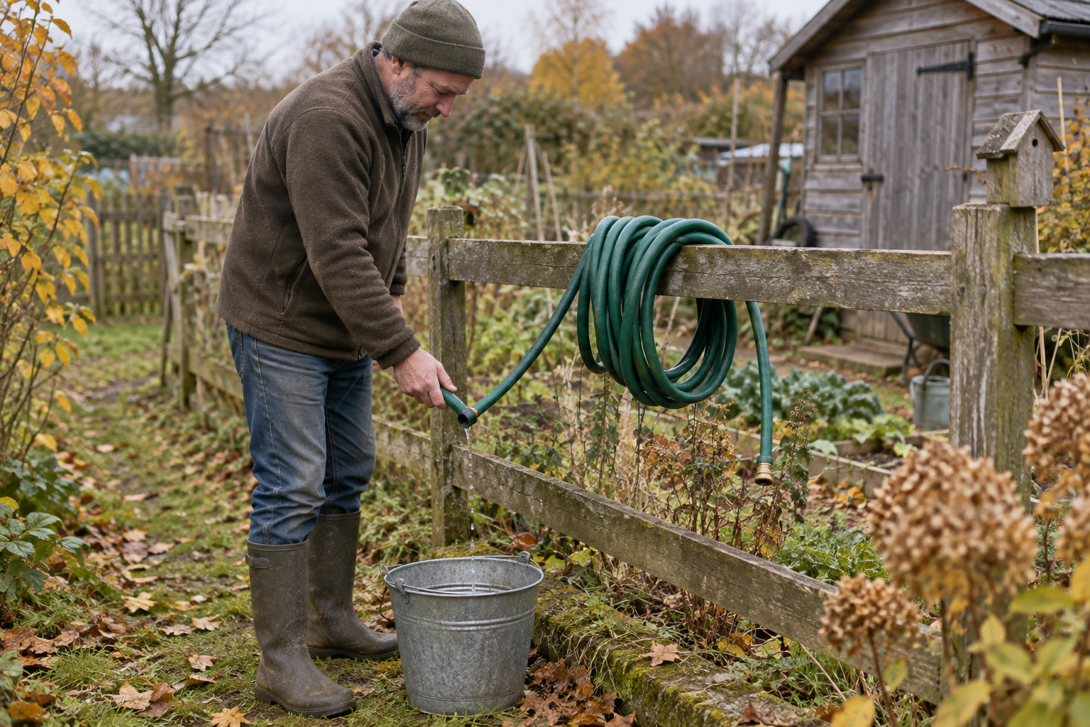 A gardener drains the remaining water from a hose hanging on a fence into a bucket before storing it
