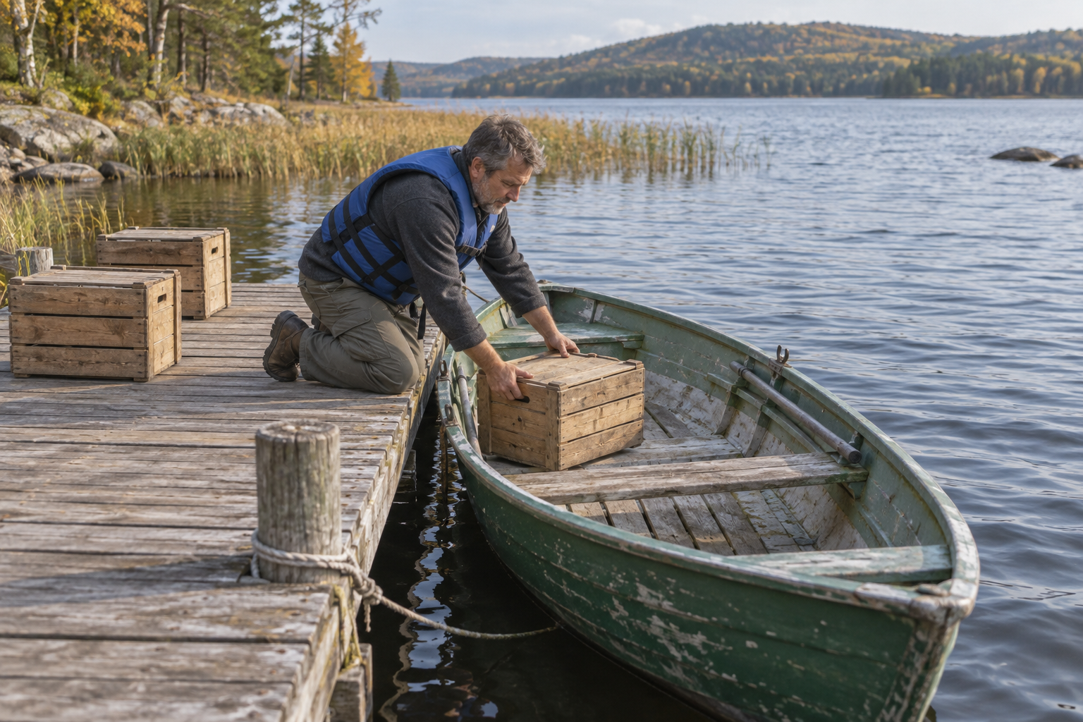 A person tests one crate in a rowboat while two more crates wait on the dock