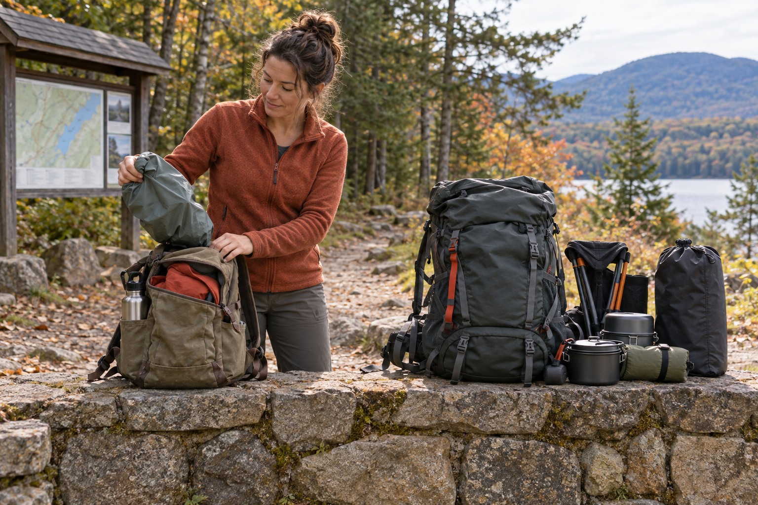 A hiker packs a small daypack beside a larger backpack and unused camping accessories