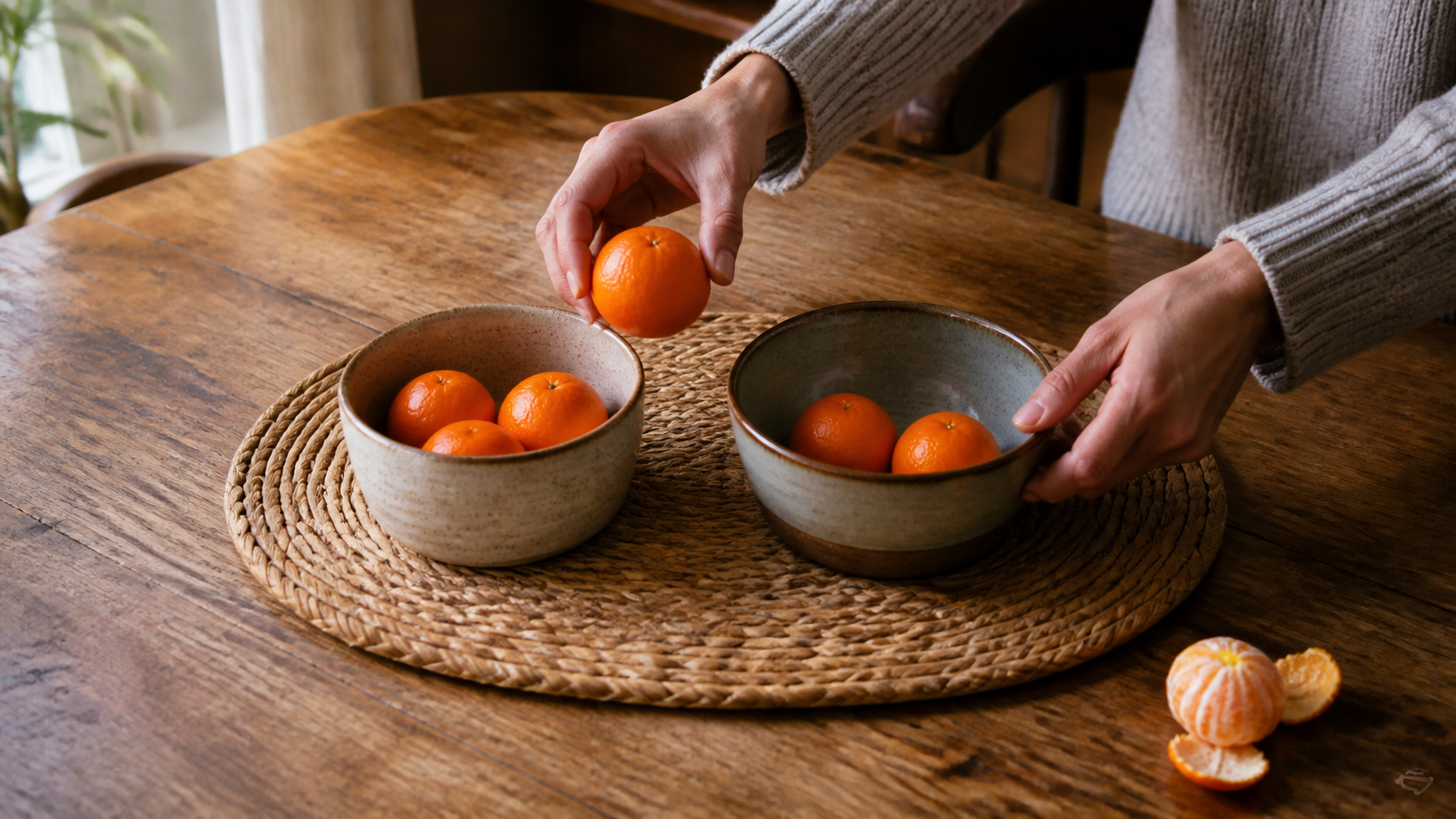 Person moving a mandarin between two bowls inside one placemat, with a peeled mandarin outside the boundary