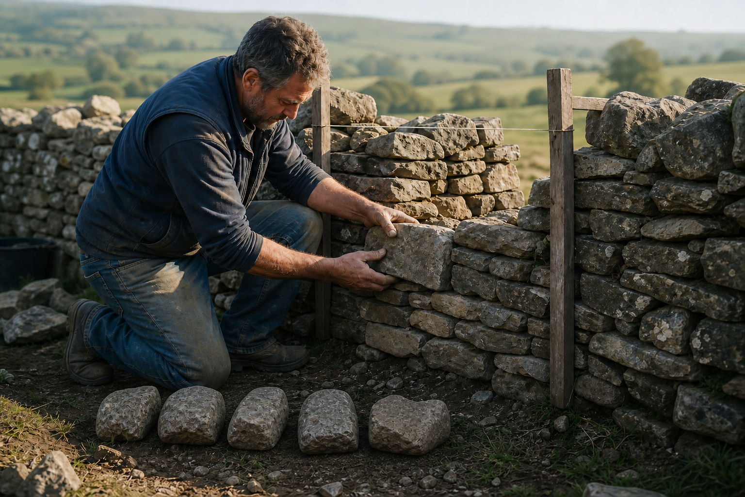 A stonemason fits one of six stones into a carefully measured test section of a wall