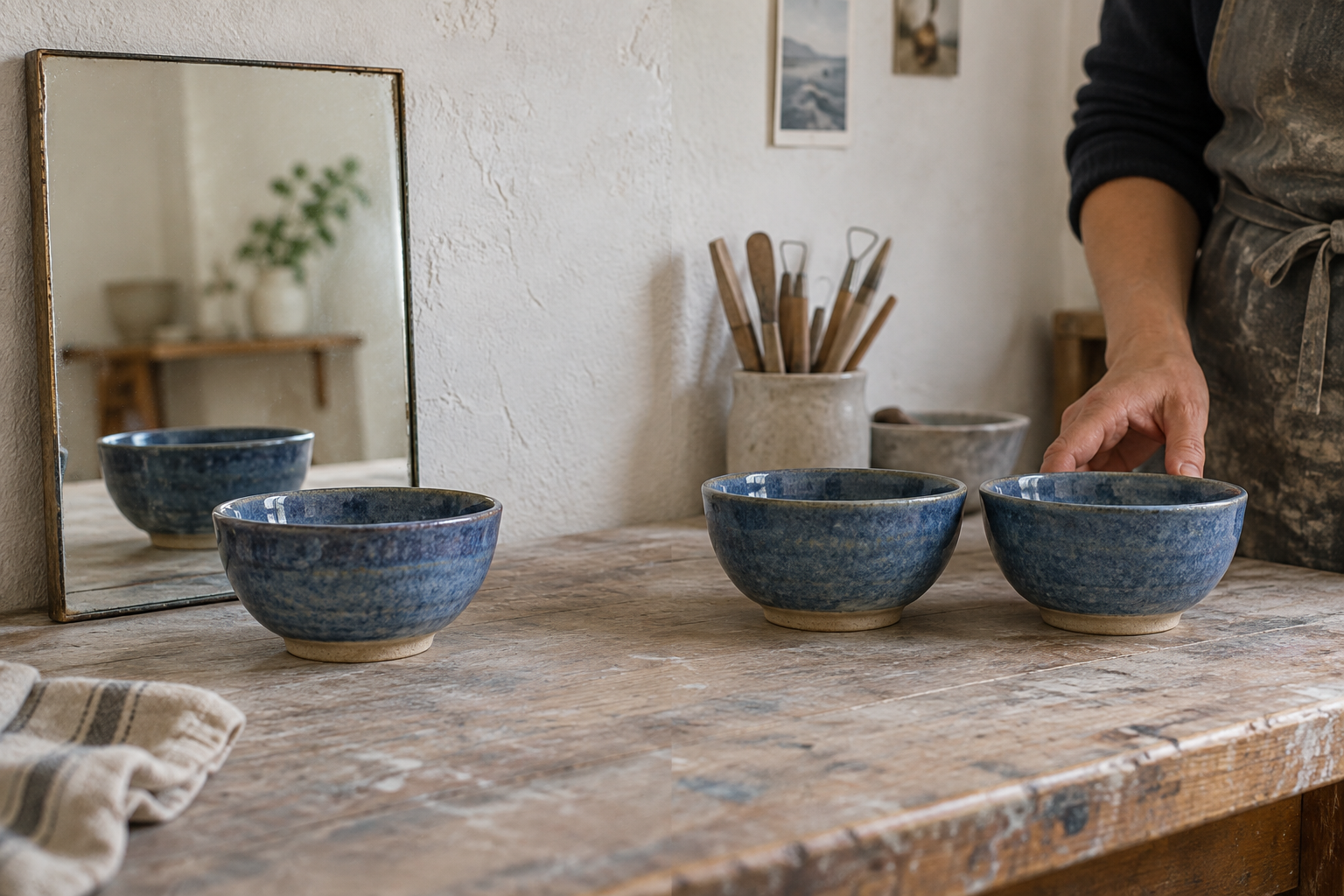 One blue ceramic bowl appears in a mirror while a craftsperson arranges two separate matching bowls beside it