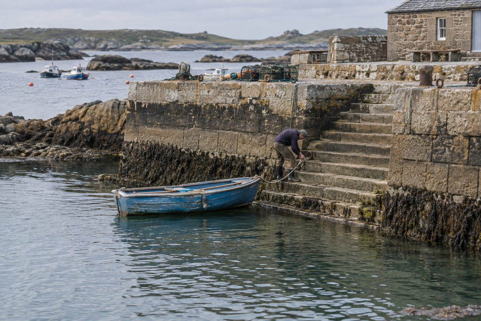 A person moors a blue rowing boat beside exposed harbor steps below the high-tide mark