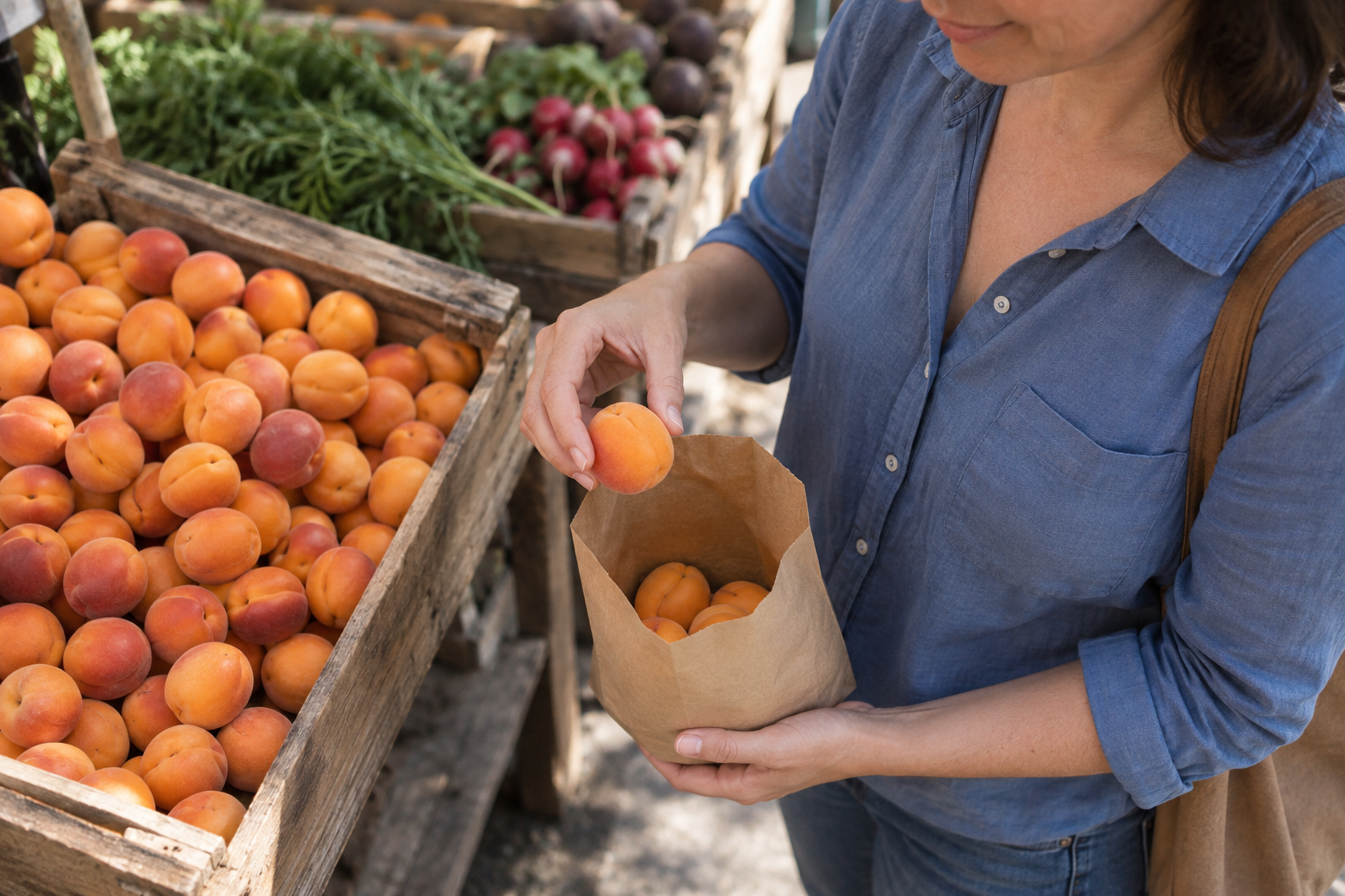A shopper adds one apricot to a paper bag already holding a small amount of fruit at a market stall