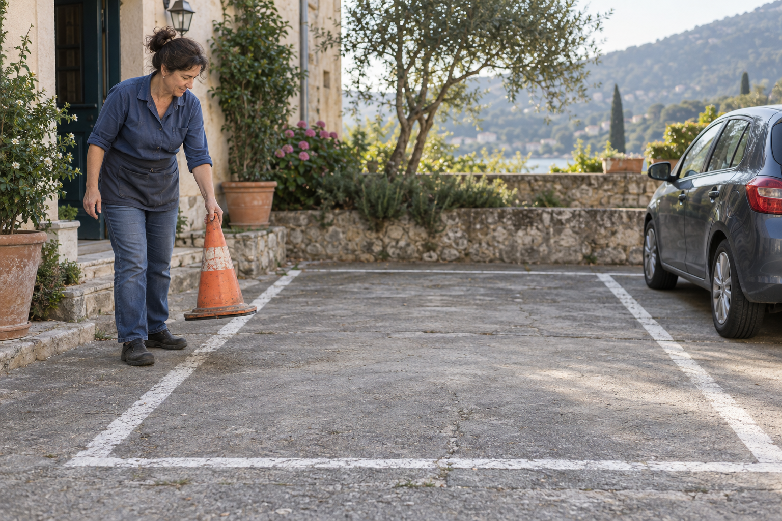 A guesthouse caretaker removes a traffic cone, making a temporarily reserved parking space available again