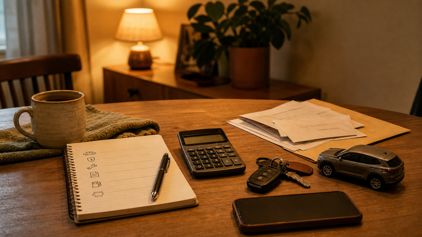 A warm table with a car budget notebook, calculator, keys, envelopes, and a modest car model