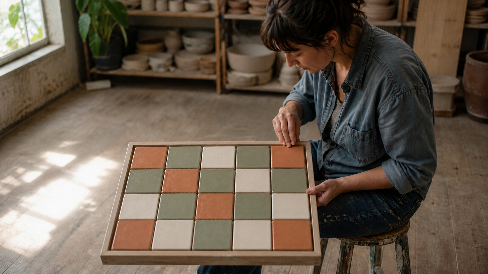 Una ceramista encaja veinte azulejos de colores en un marco de madera