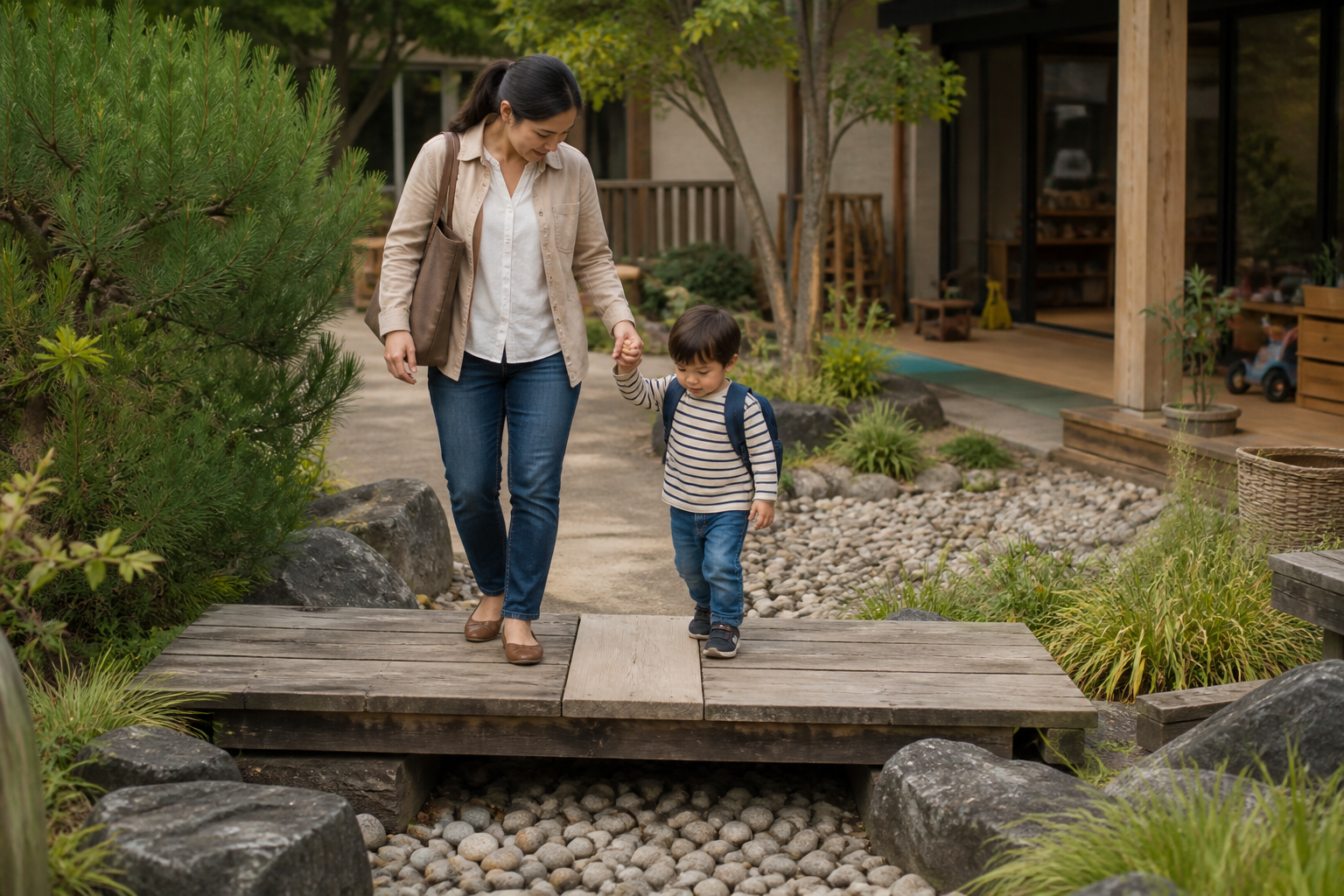 A parent and child cross a daycare garden footbridge with one new plank bridging the reimbursement gap