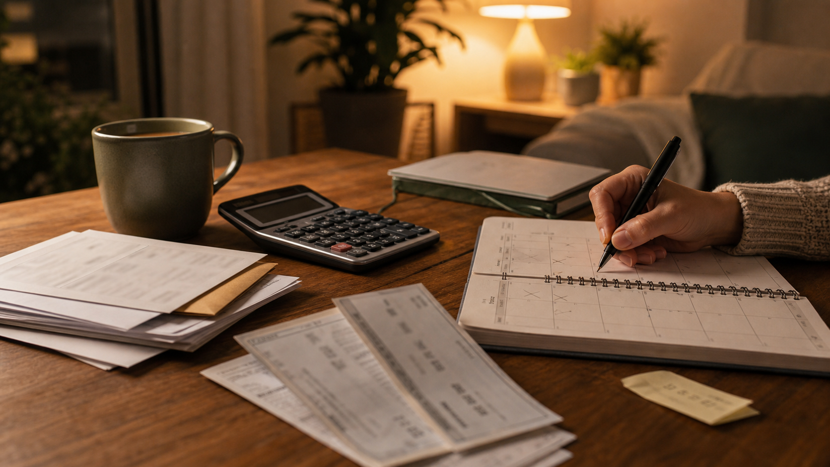 Warm home budget desk with a smaller paycheck, bill calendar, calculator, and hand rebuilding the month