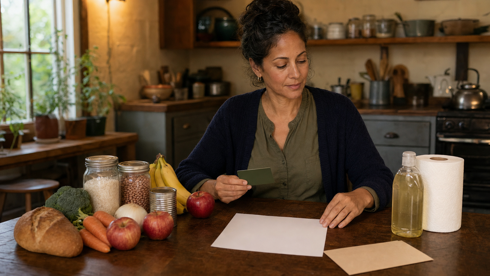 Una mujer organiza alimentos básicos y separa el jabón para platos y el papel de cocina mientras revisa una tarjeta de beneficios sin texto en una mesa cálida