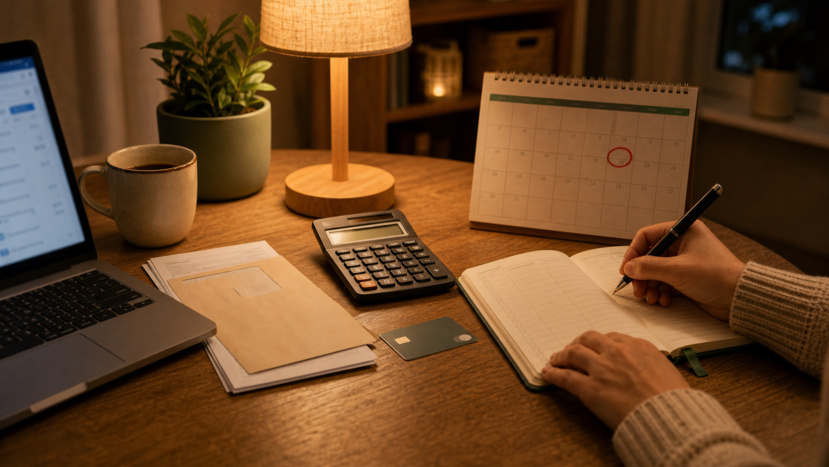 A warm desk with a planner, calculator, credit card, statement envelope, and calendar deadline for planning a 0% APR payoff budget