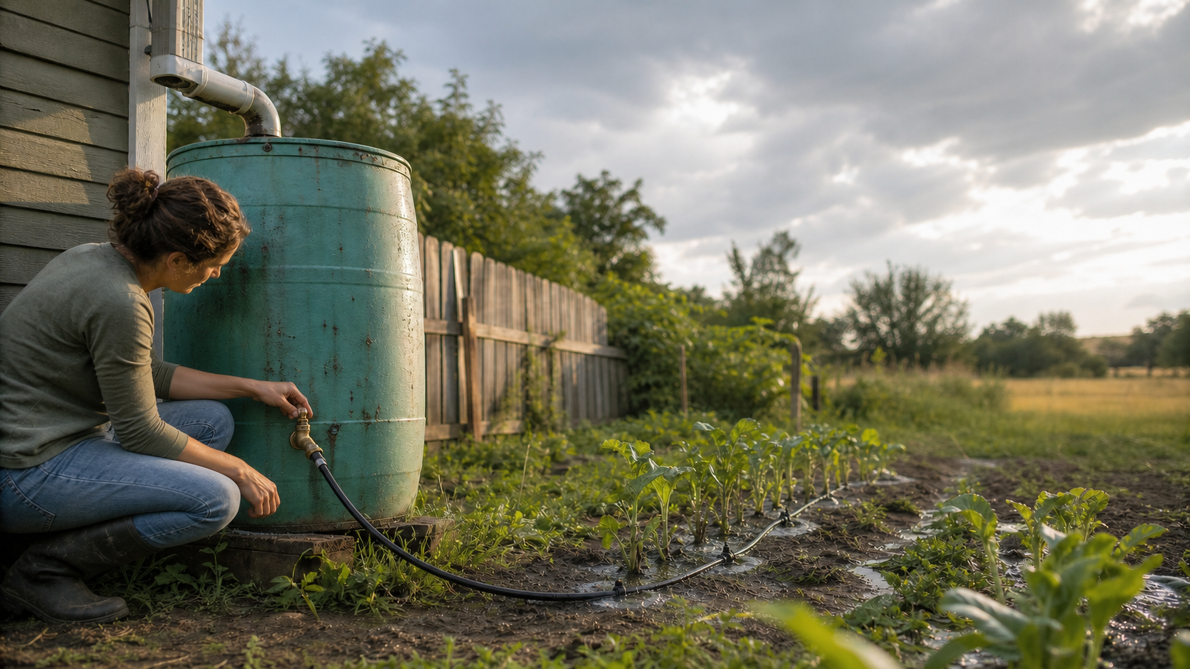 Садівниця відкриває крапельний полив із бочки для дощової води, щоб рівномірно полити ряд молодих рослин