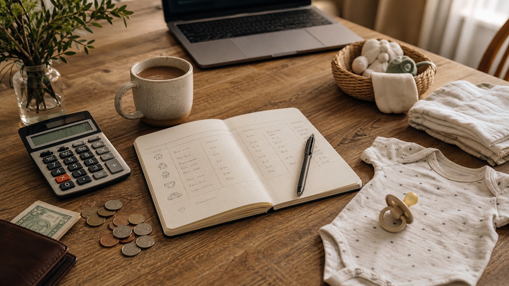 Baby budget notebook, calculator, coins, baby onesie, pacifier, and coffee on a warm wooden table