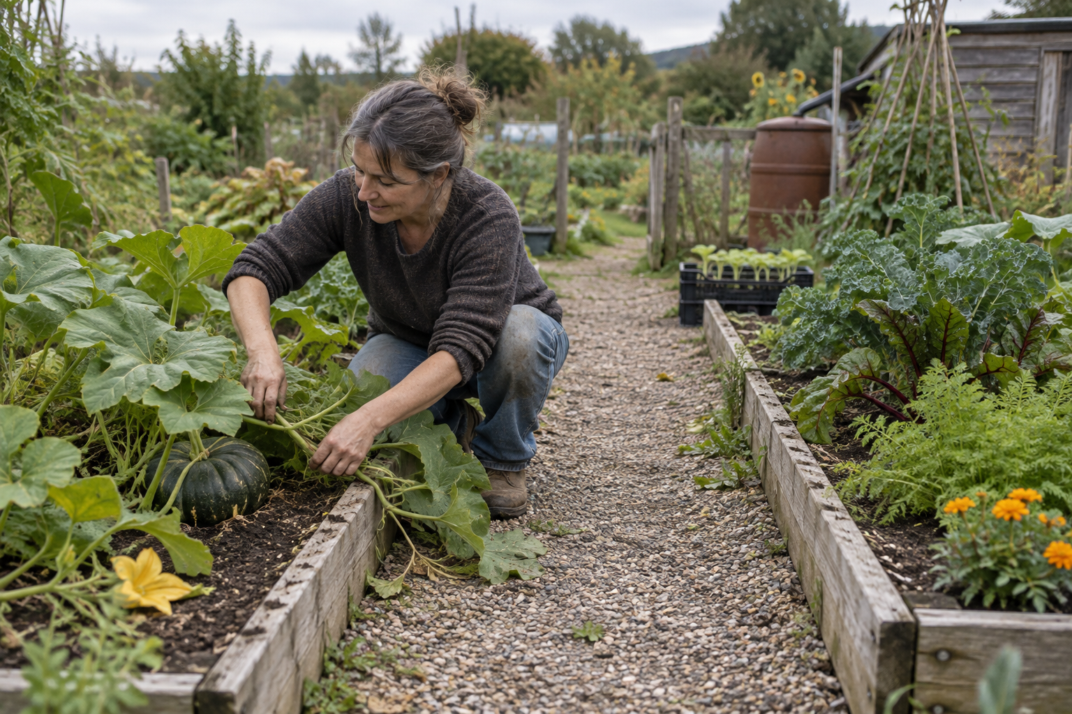 An allotment gardener keeps a narrow path open between growing beds