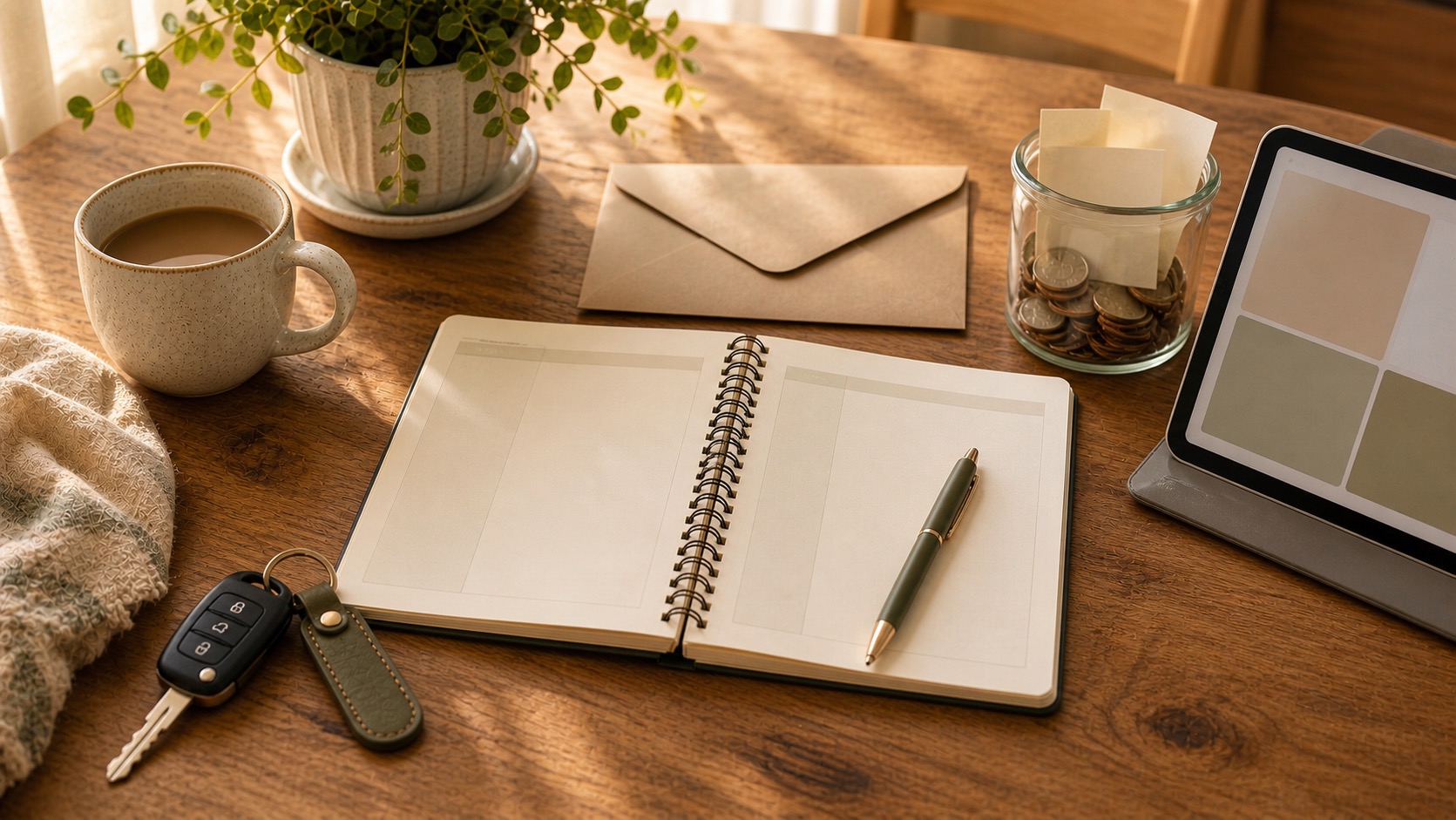 Home budget notebook with car key, renewal envelope, and deductible savings jar