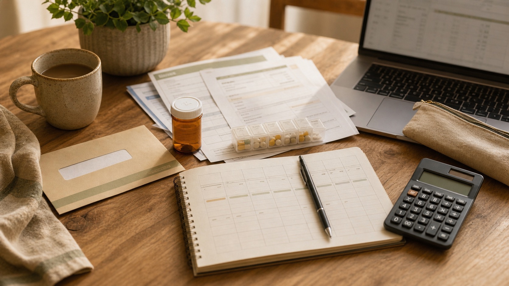 Editorial photo of medical budgeting notes, insurance paperwork, prescription bottles, calculator, and a laptop budget screen on a desk