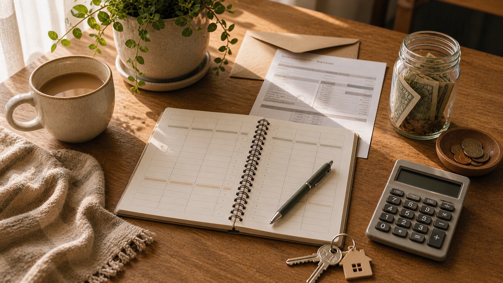 Mesa para presupuestar impuestos sobre la propiedad con cuaderno, calculadora, llaves, sobre y frasco de ahorro