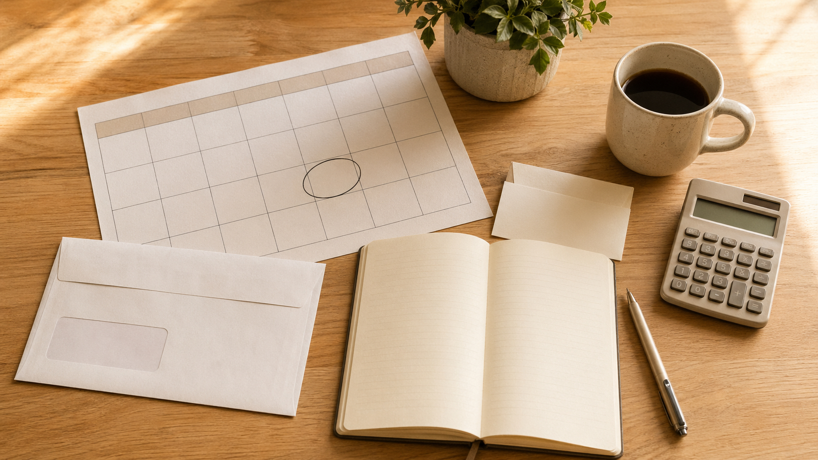 סידור תקציב חודשי עם תאריך תשלום מוקף בעיגול, מחשבון, מחברת, ספל קפה ומעטפת דוח של הלוואת סטודנטים על שולחן עץ