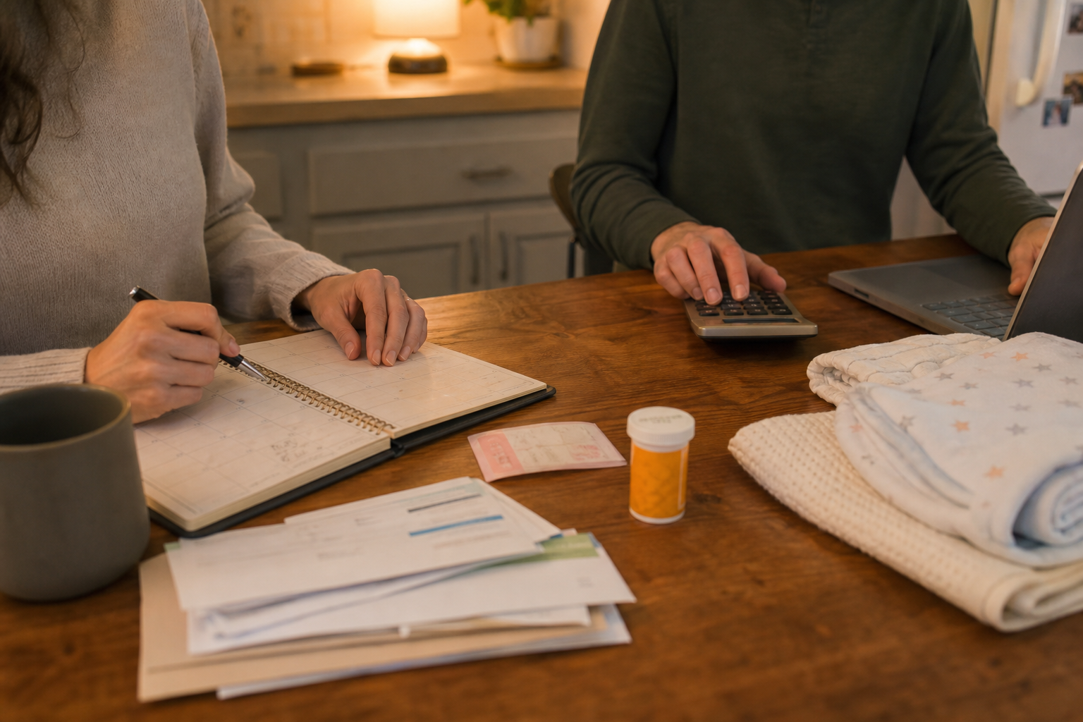 Unpaid leave budget planning with a calendar, calculator, medical bills, and baby blanket