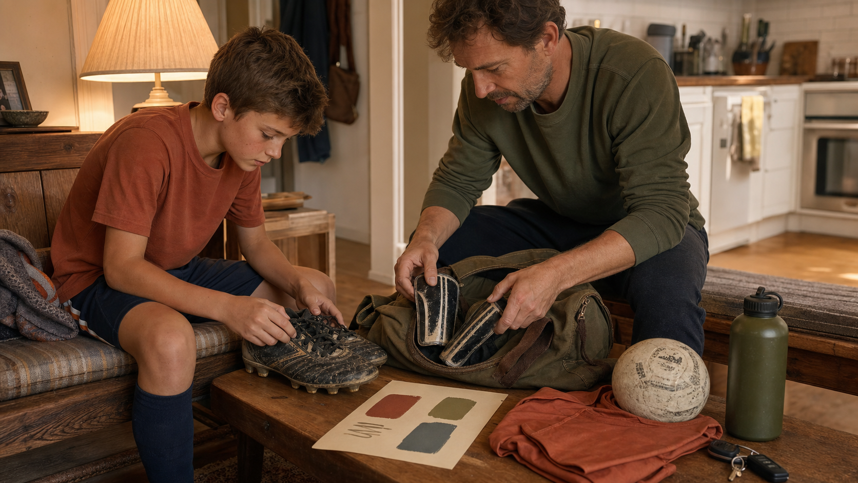 A father and son sort reusable youth sports gear and plan the season budget at home