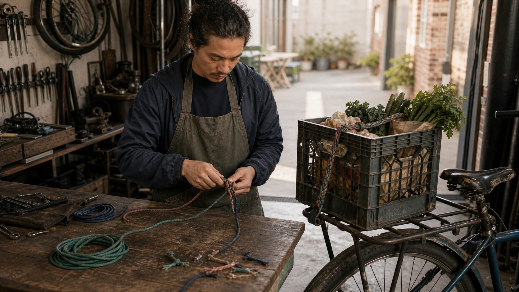 Un repartidor en bicicleta trenza tres cuerdas gastadas para crear una correa de carga junto a una bicicleta cargada con alimentos