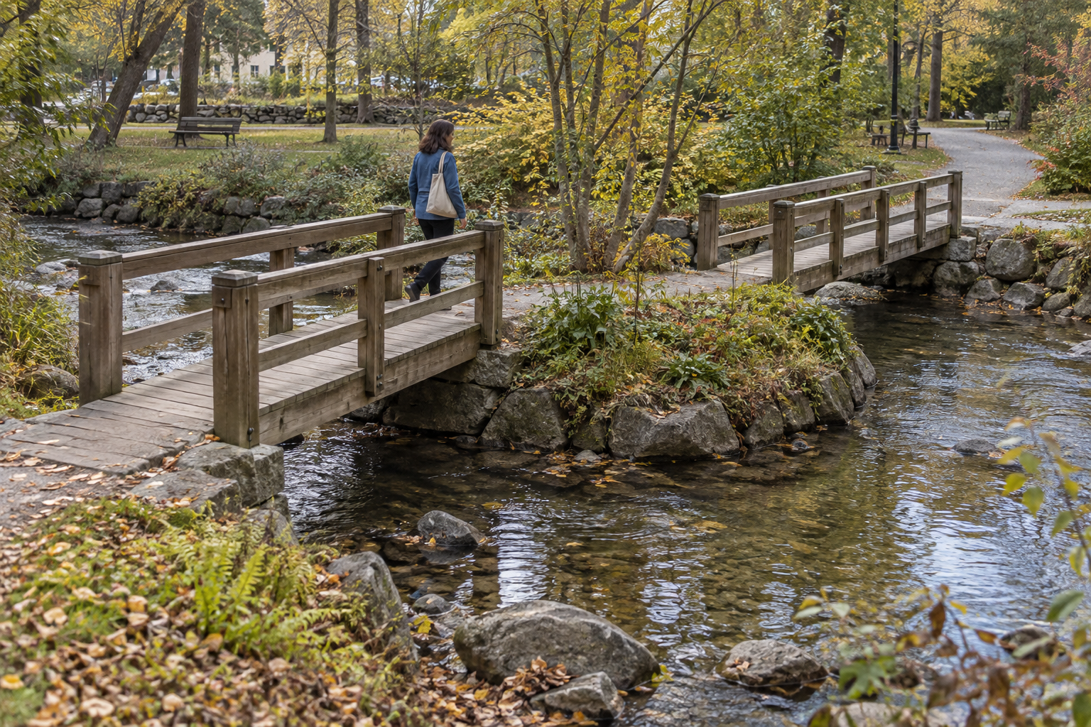 A woman reaches a small island with a second footbridge still ahead across the stream