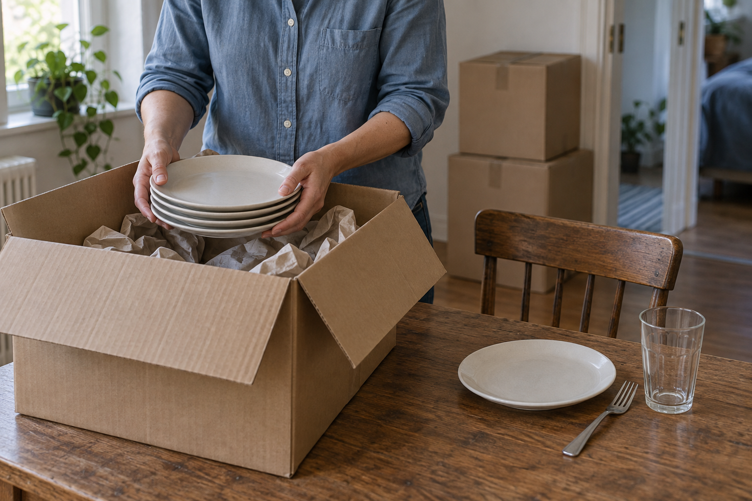 A person packs plates into a moving box while leaving one place setting available on the table
