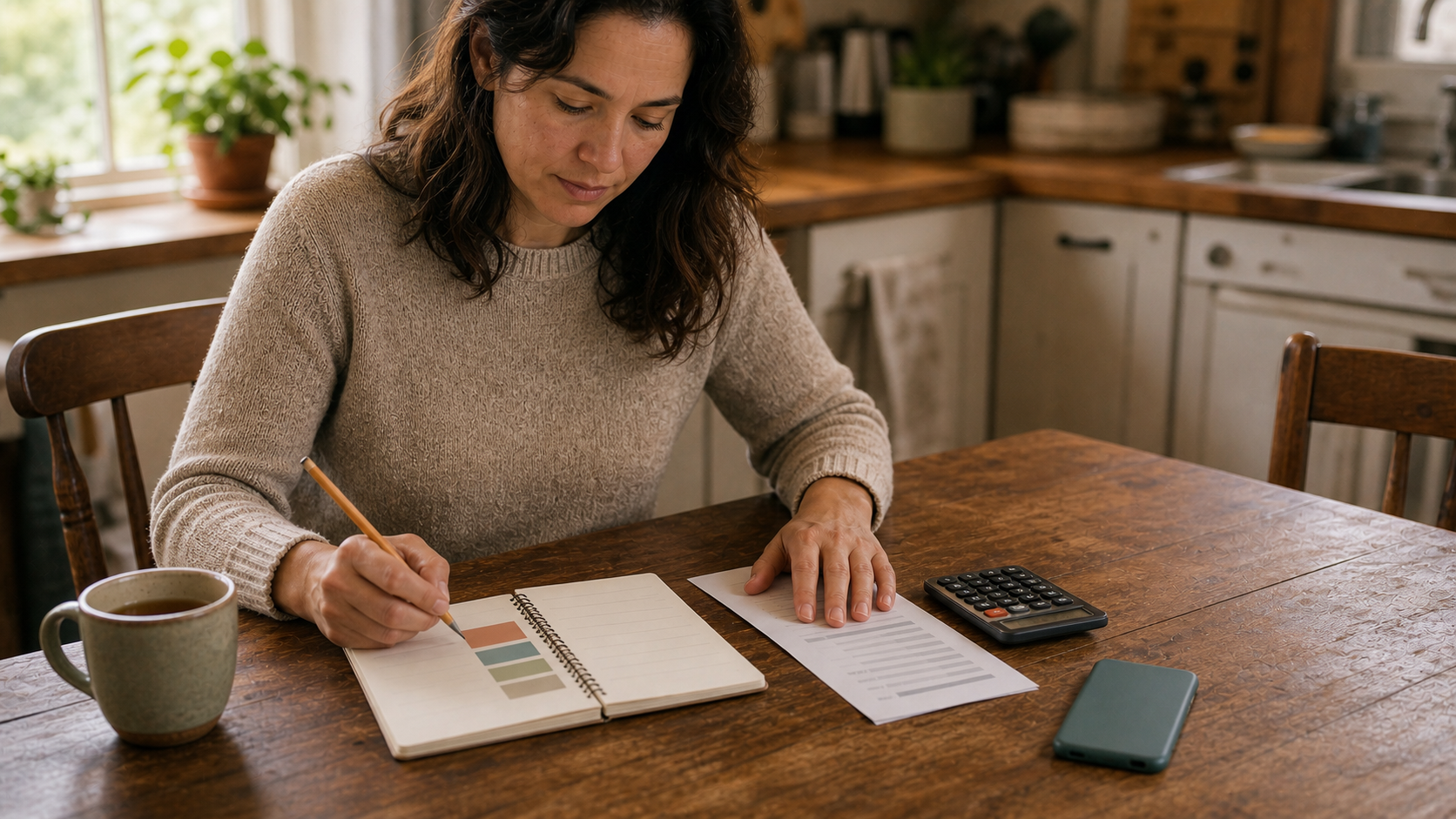 A person resumes a simple weekly budget at a warm kitchen table with tea and a face-down phone