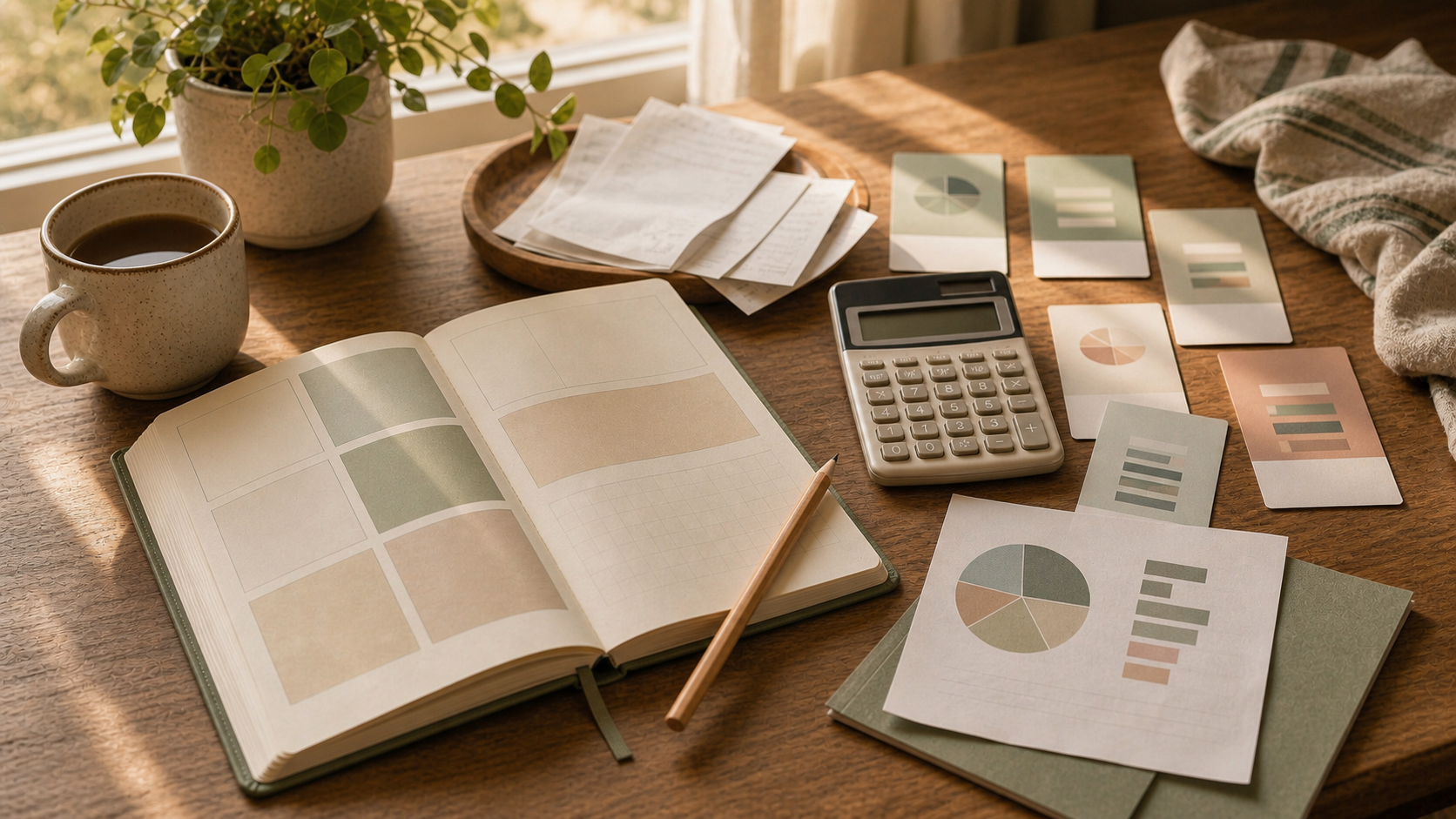 Personal inflation rate notebook with category charts and calculator on a warm desk
