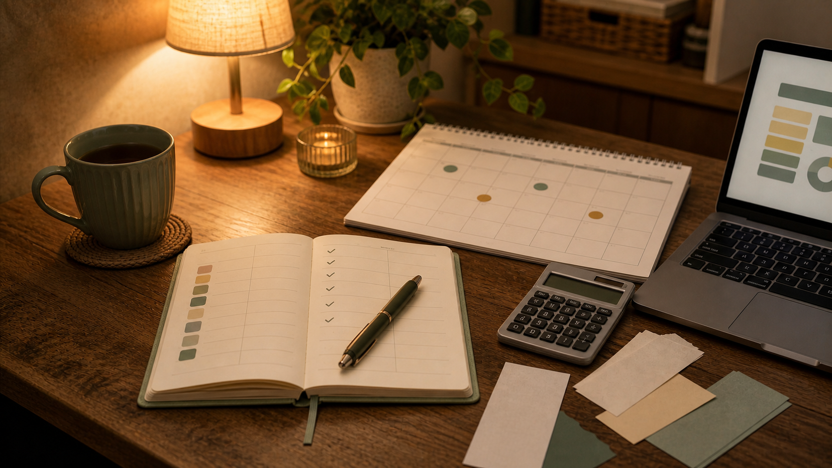 Warm desk setup for a monthly budget review with a calendar, notebook, calculator, and blank paper slips
