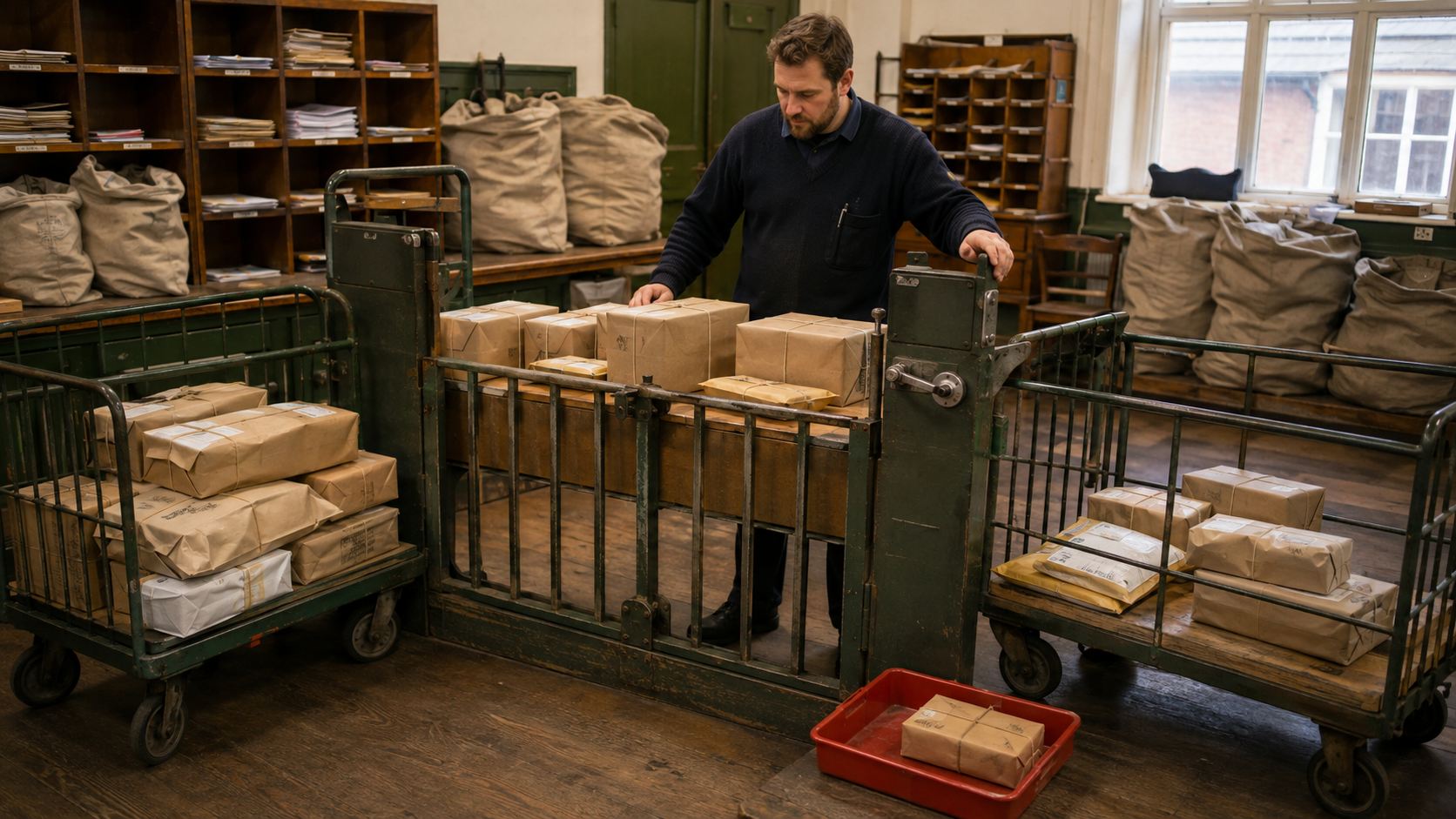 A postal worker checks a parcel batch at a sorting gate, with one duplicate set aside