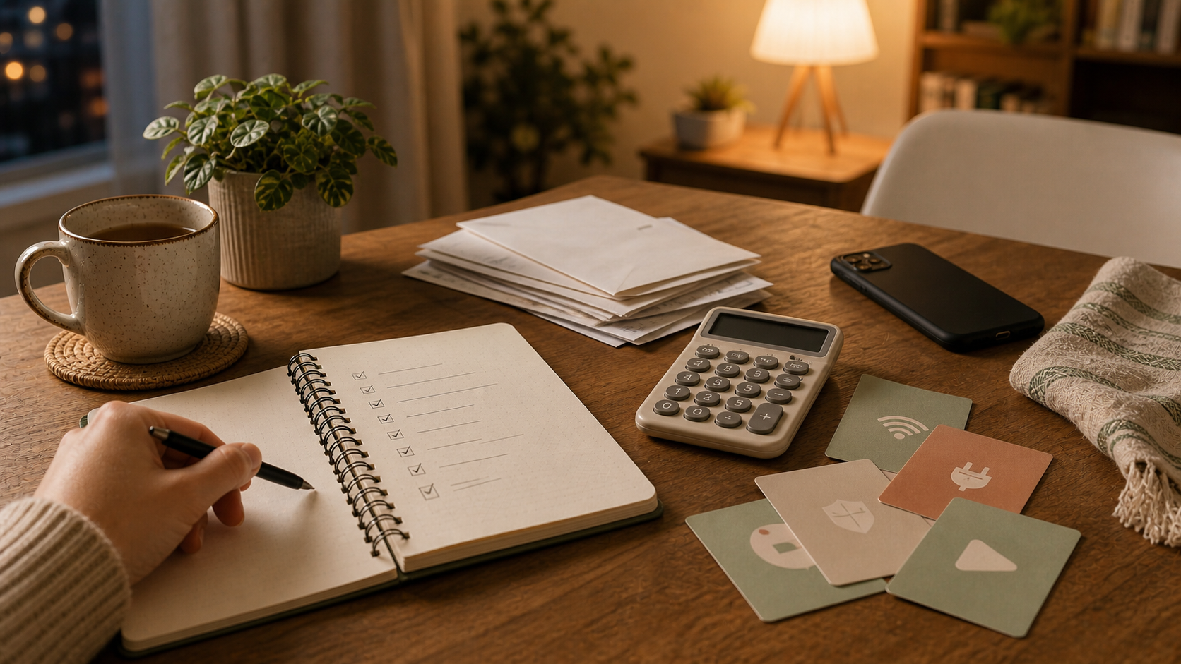 A warm table with a recurring bill checklist, calculator, phone, and household bill cards
