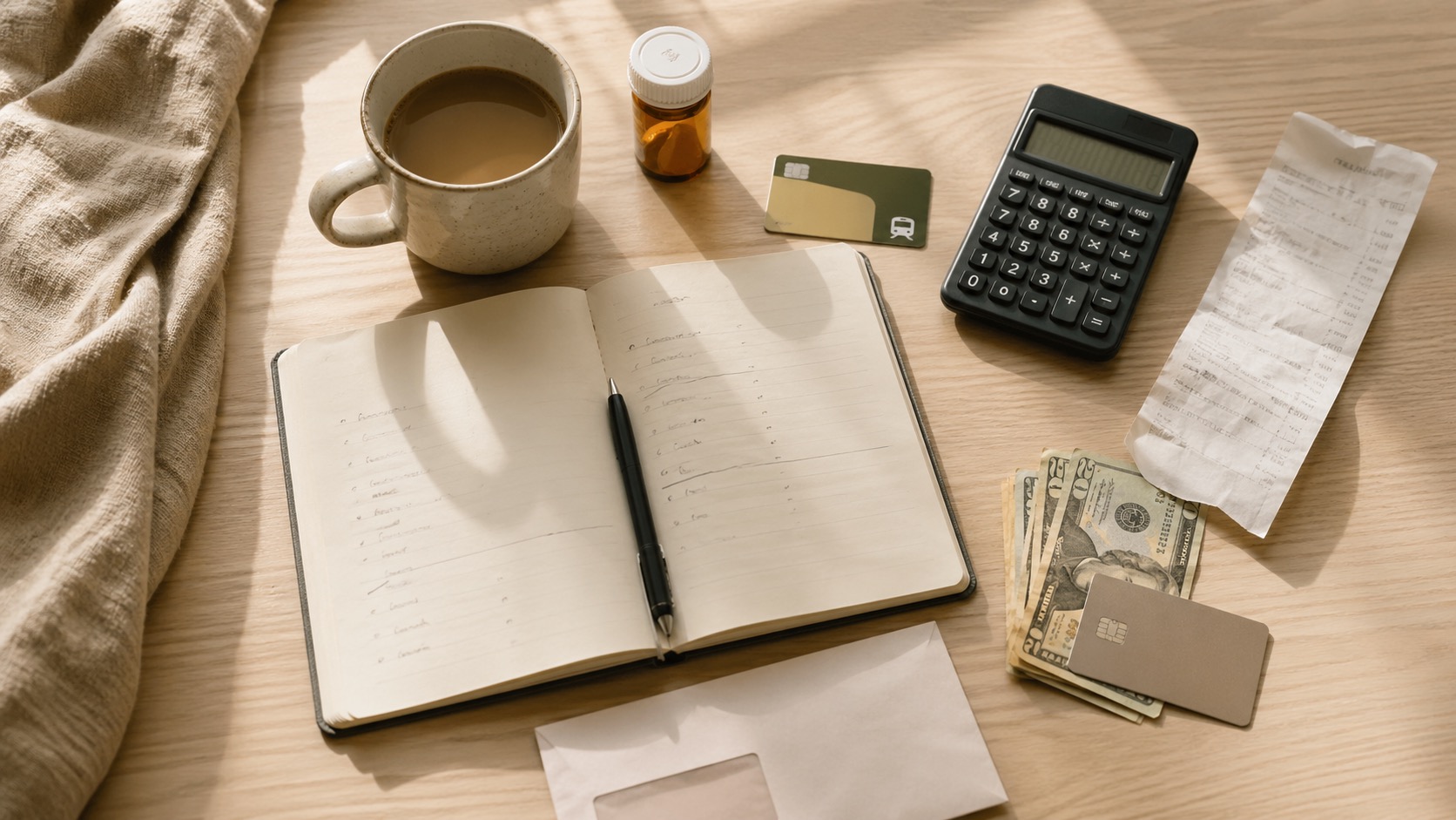 لقطة تحريرية دافئة لدفتر ميزانية بسيط مع حاسبة وقهوة وإيصال وبطاقة نقل وزجاجة دواء ونقود وبعض الضروريات اليومية على طاولة