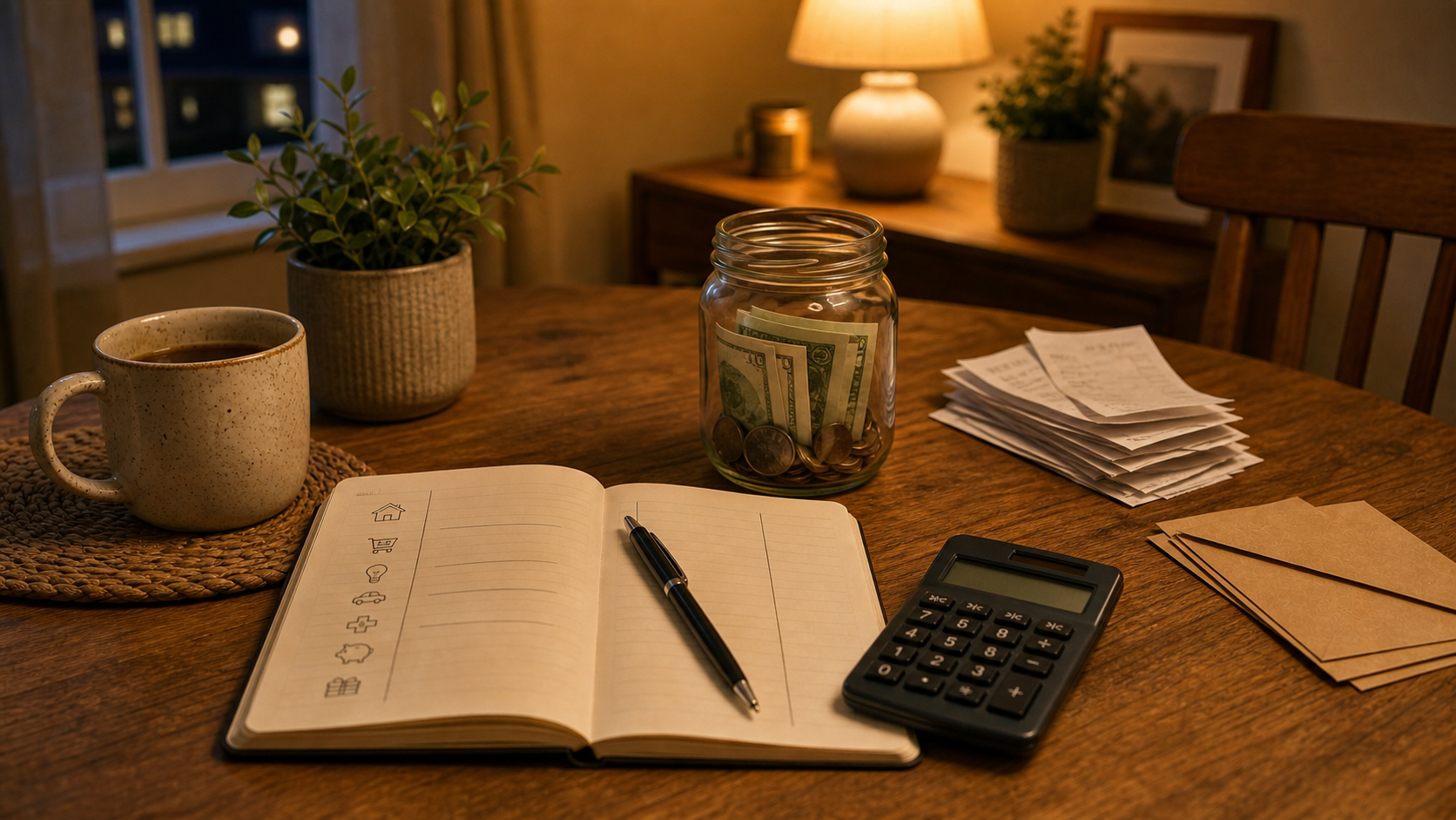 Warm evening budgeting table with a partially refilled savings jar, notebook, receipts, envelopes, and calculator