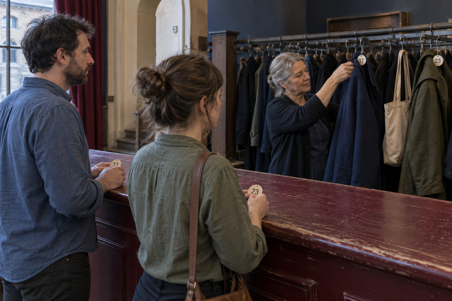 Coats and bags held in a staffed cloakroom while their owners keep numbered collection tokens