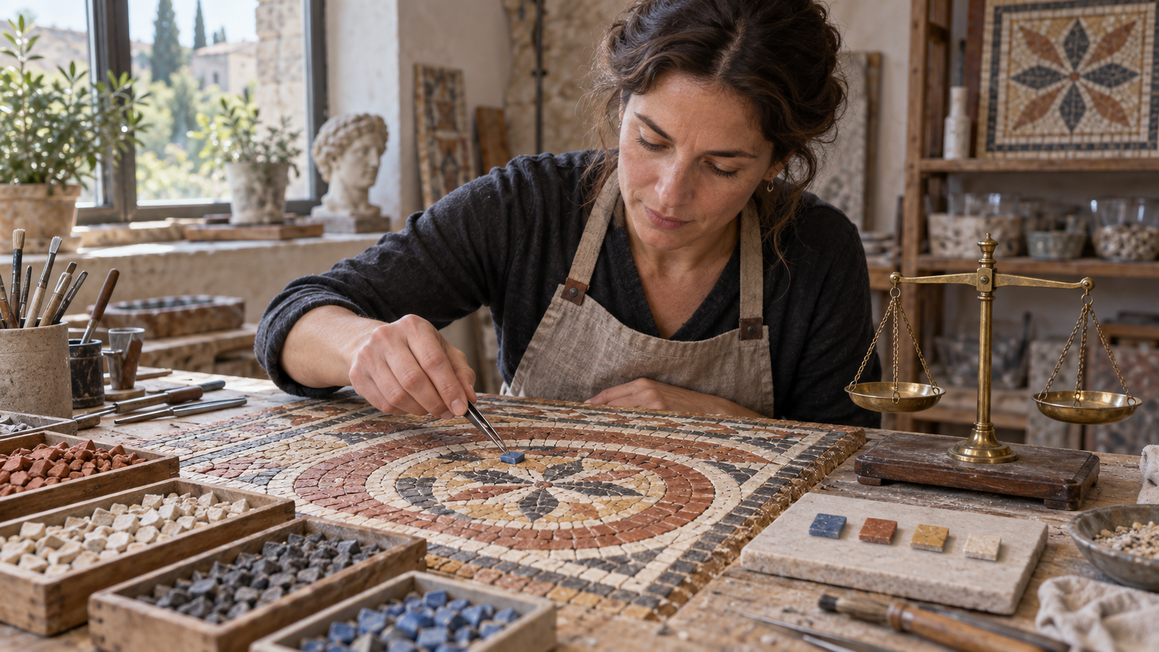 A mosaic conservator lifts a misplaced blue tile from a terracotta band beside a level brass balance scale