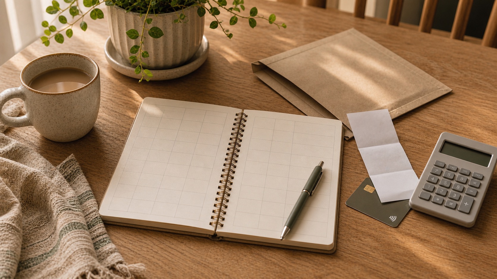 Warm budgeting table with notebook, blank receipt, return mailer, credit card, and calculator