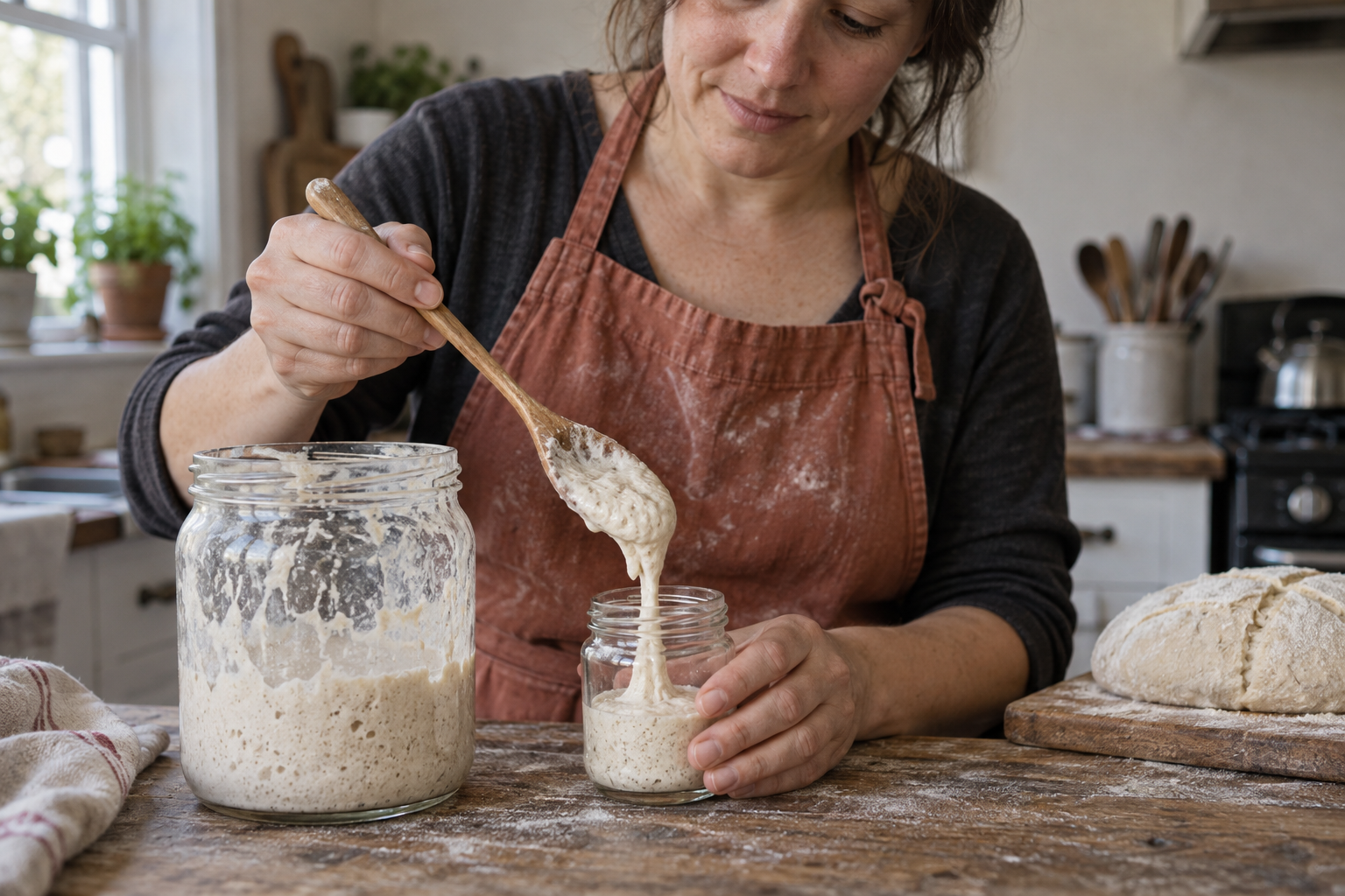 A baker reserves a small portion of risen sourdough starter in a jar for the next batch