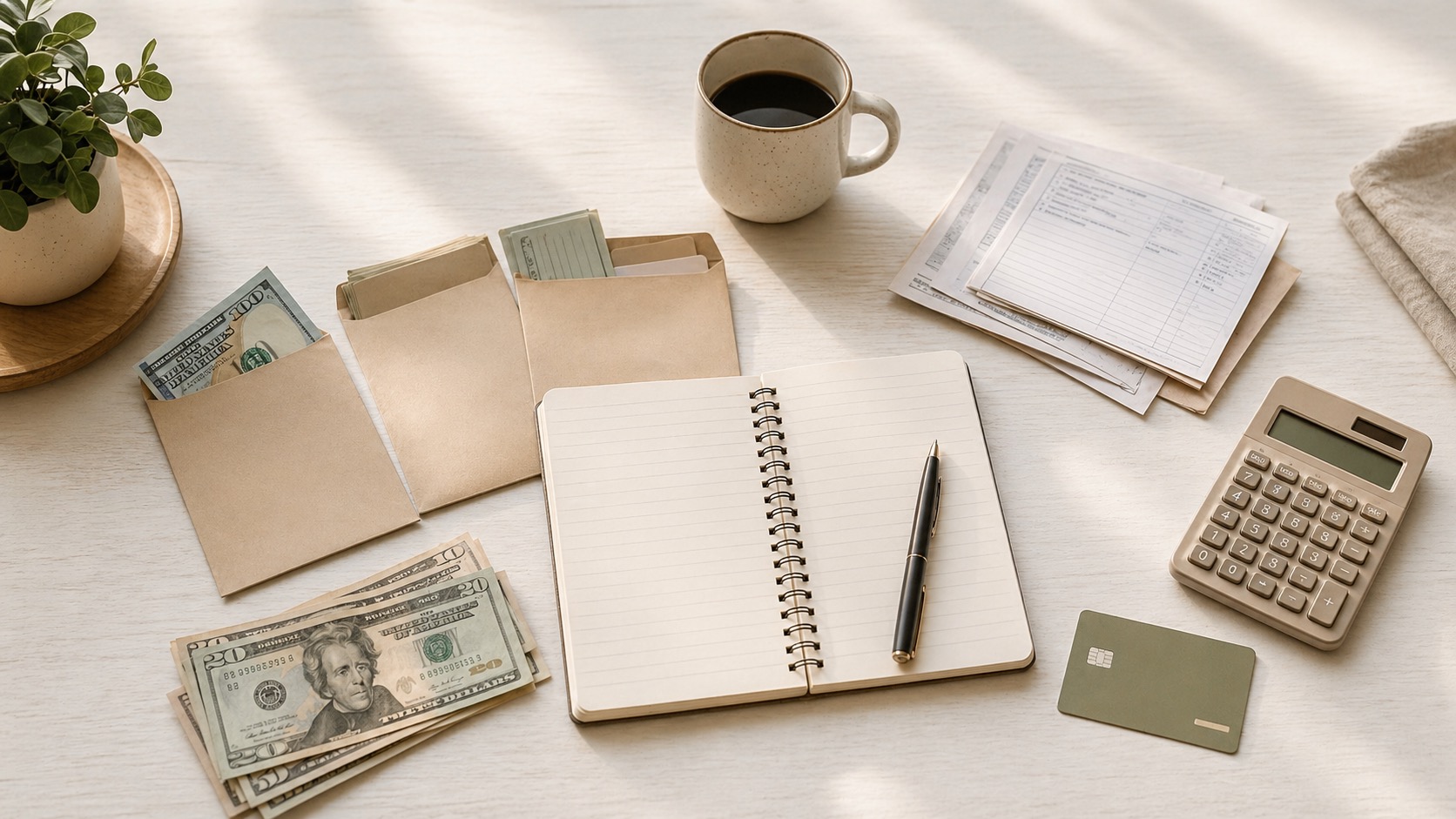 Editorial budgeting still life with savings envelopes, bills, notebook, calculator, and cash buffer