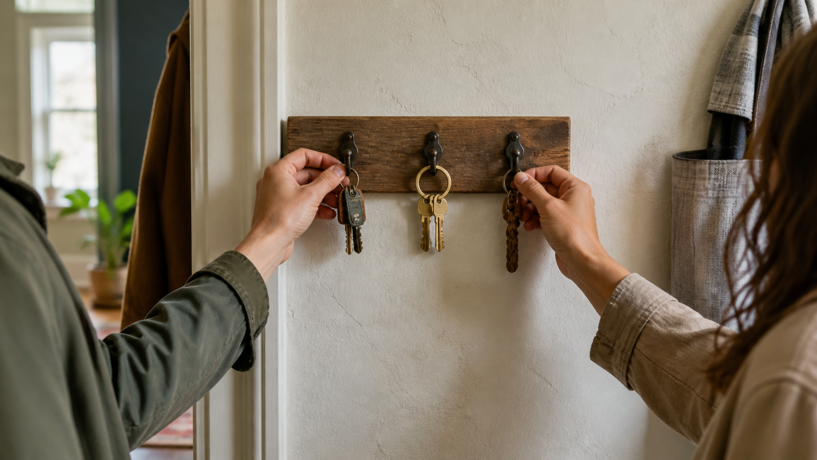 Two partners hang personal keyrings beside a shared pair of house keys
