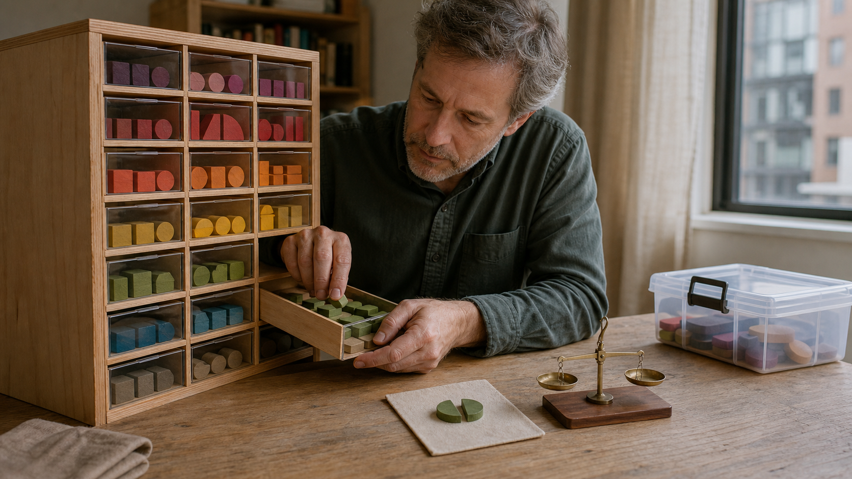 Un hombre ordena fichas de madera de colores en un archivador modular junto a una balanza