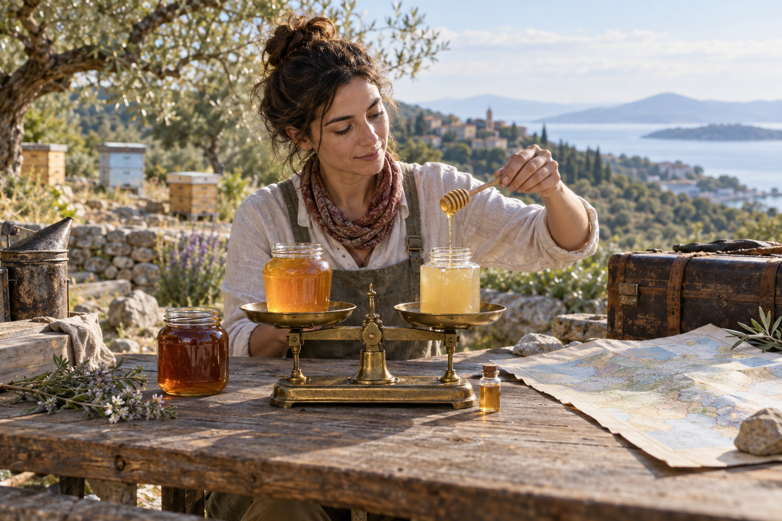 A traveler weighs honey from three jars on one scale at an orchard worktable