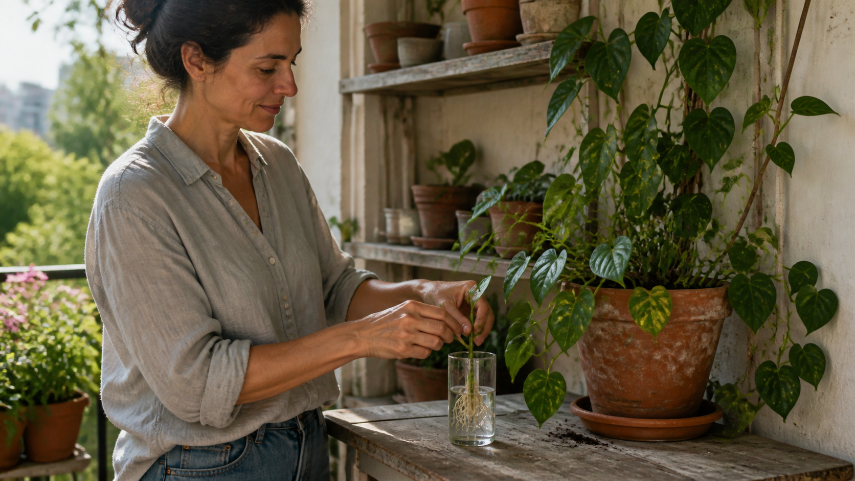 Una jardinera enraíza un esqueje en un recipiente transparente mientras la planta madura permanece intacta