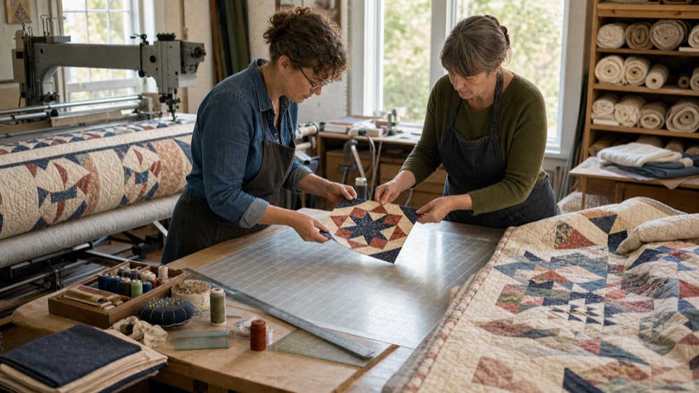 Two textile conservators inspect one finished quilt square on a grid before moving it between quilting systems