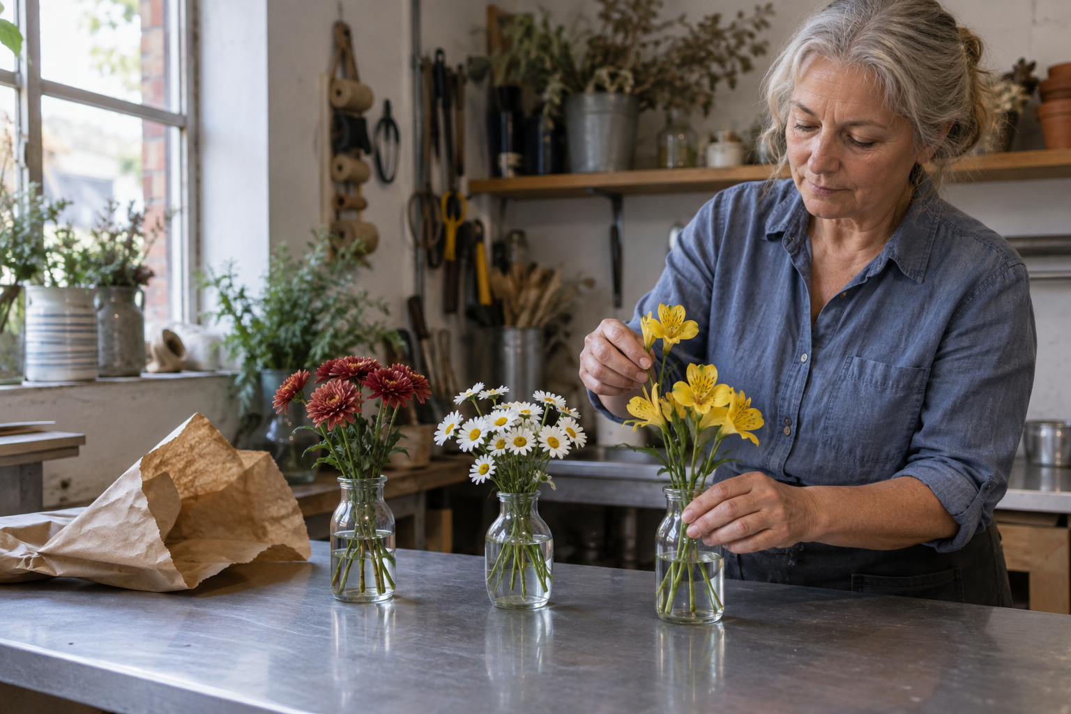 A florist divides a mixed bunch of flowers among three small vases beside its empty paper wrapper